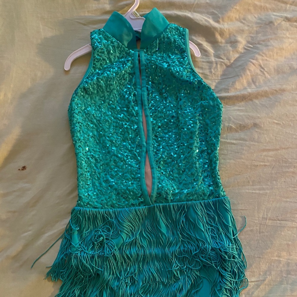 A green sequins leotard with fringes.